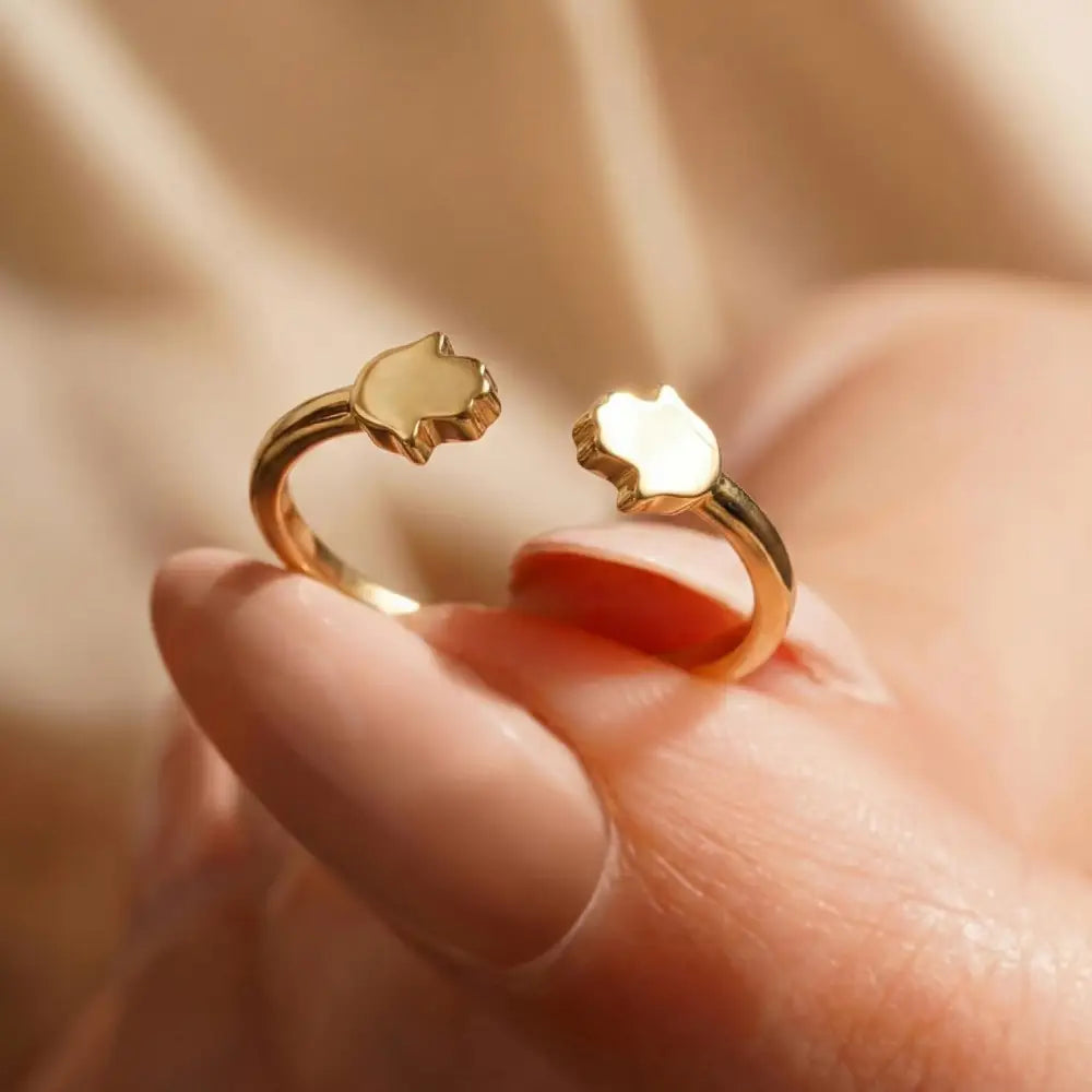 14K Handmade Gold Double Hamsa Ring Minimalist Adjustable Protective Open Band Design - Jewelry