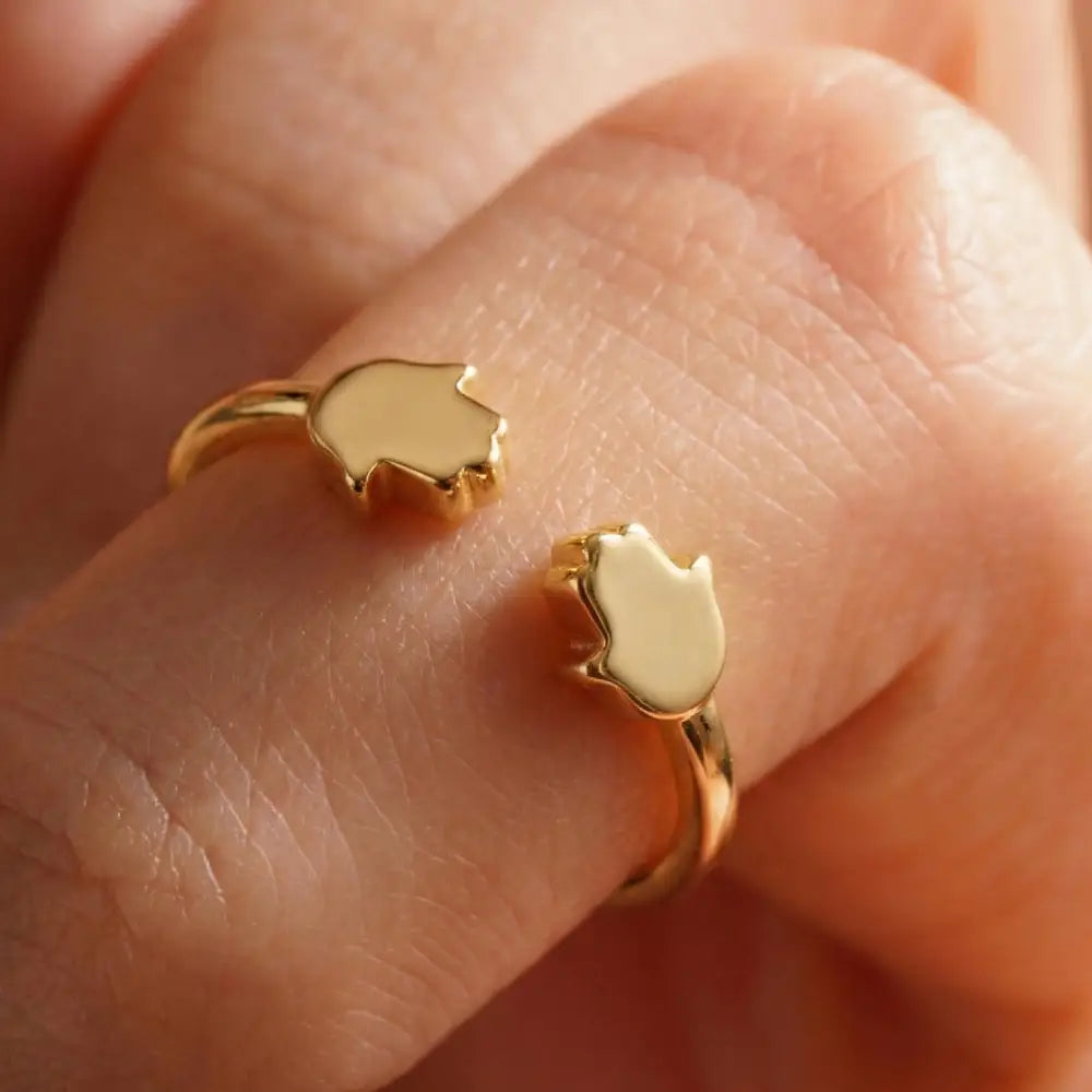 14K Handmade Gold Double Hamsa Ring Minimalist Adjustable Protective Open Band Design - Jewelry