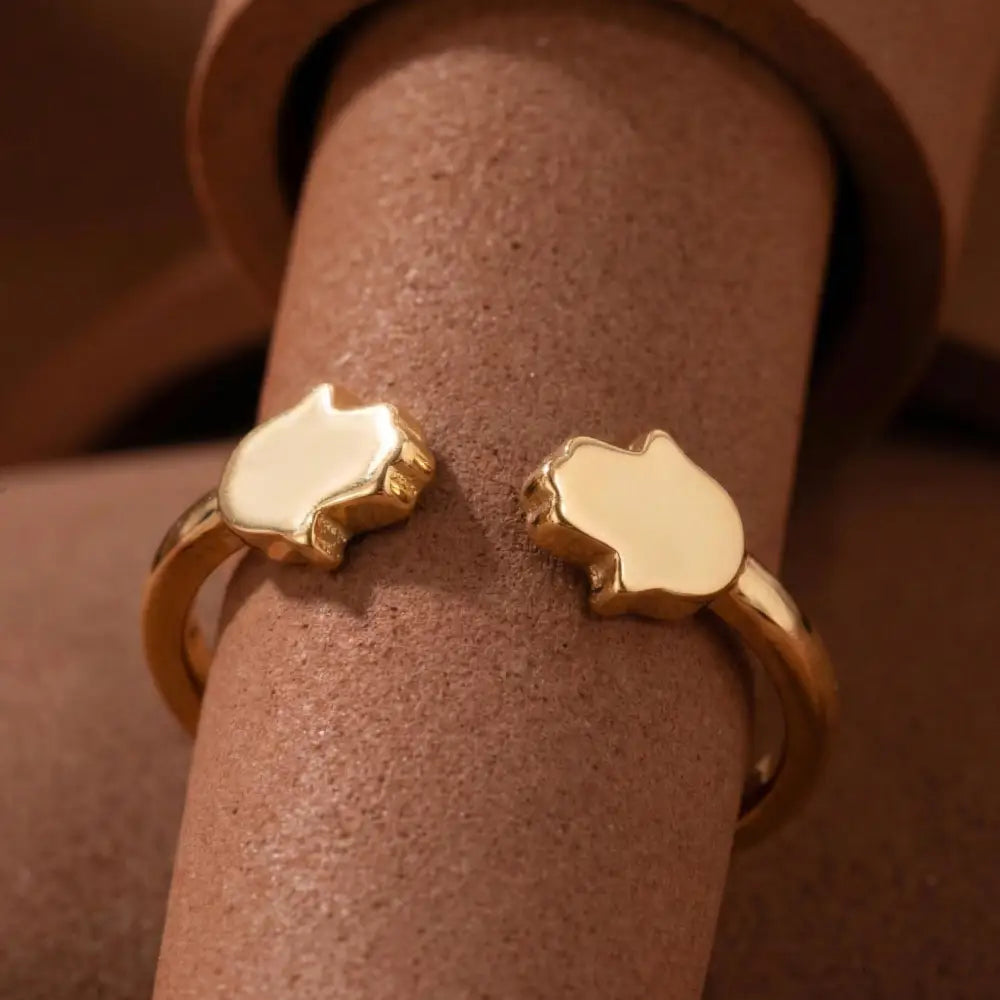 14K Handmade Gold Double Hamsa Ring Minimalist Adjustable Protective Open Band Design - Jewelry