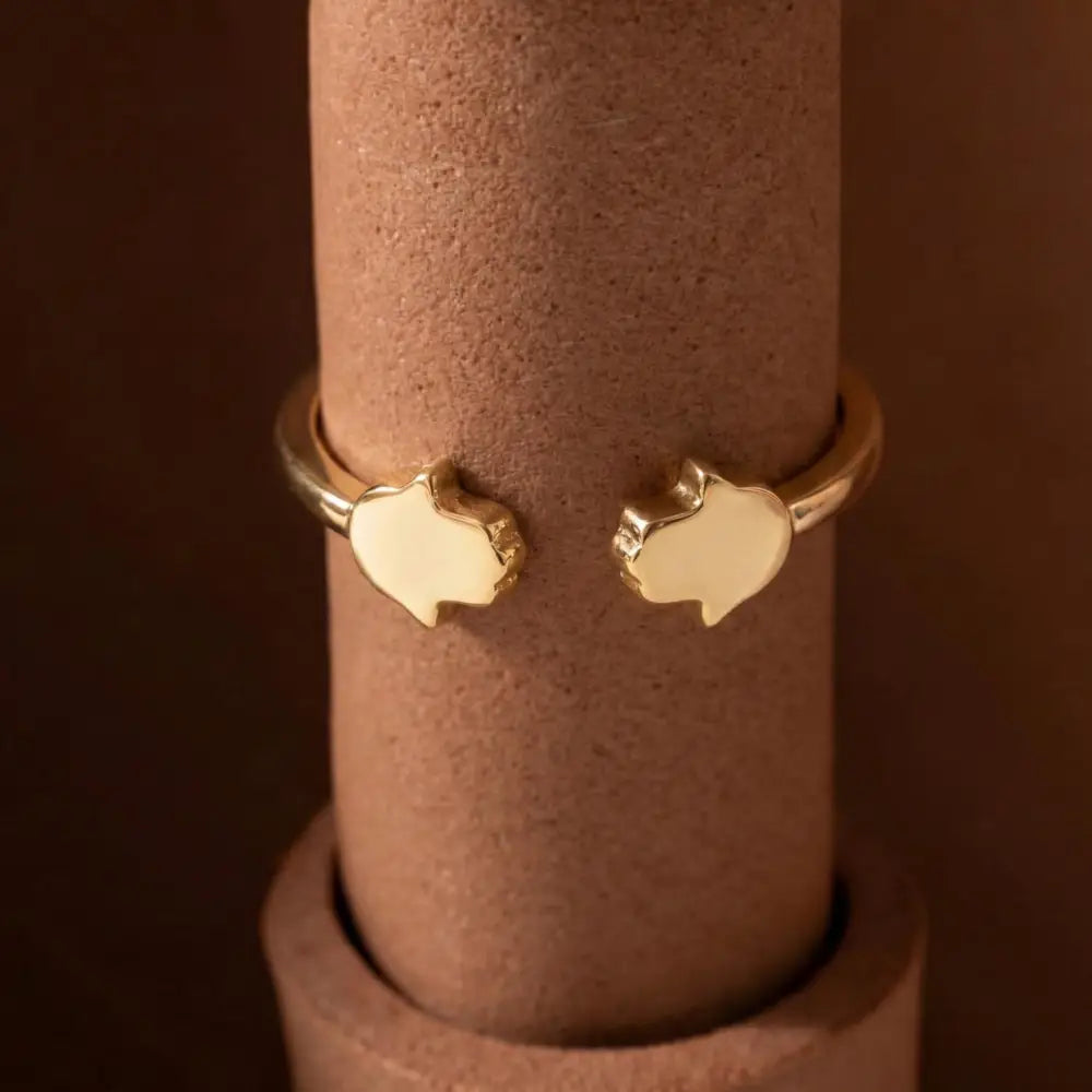 14K Handmade Gold Double Hamsa Ring Minimalist Adjustable Protective Open Band Design - Jewelry