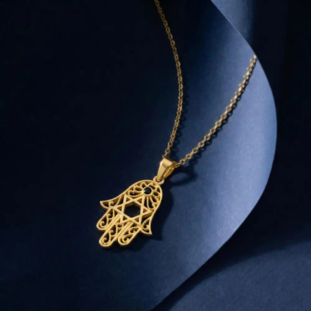 14K Handmade Gold Hamsa Hand Necklace With Star Of David Stone Protective Amulet Pendant - Jewelry