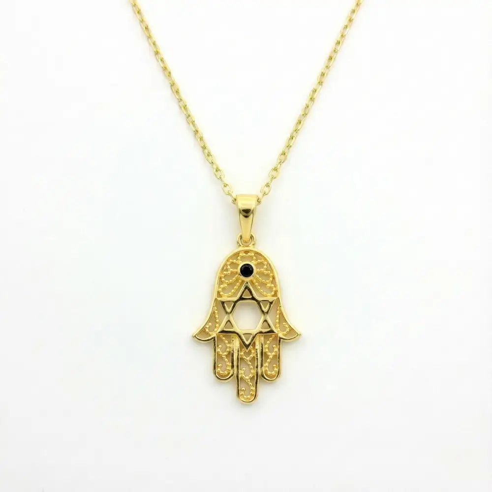 14K Handmade Gold Hamsa Hand Necklace With Star Of David Stone Protective Amulet Pendant - Jewelry