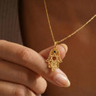 14K Handmade Gold Hamsa Hand Necklace With Star Of David Stone Protective Amulet Pendant - Jewelry