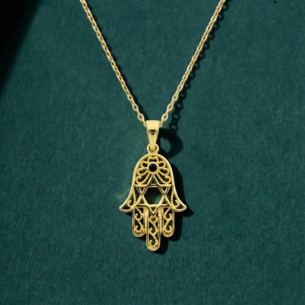 14K Handmade Gold Hamsa Hand Necklace With Star Of David Stone Protective Amulet Pendant - Jewelry