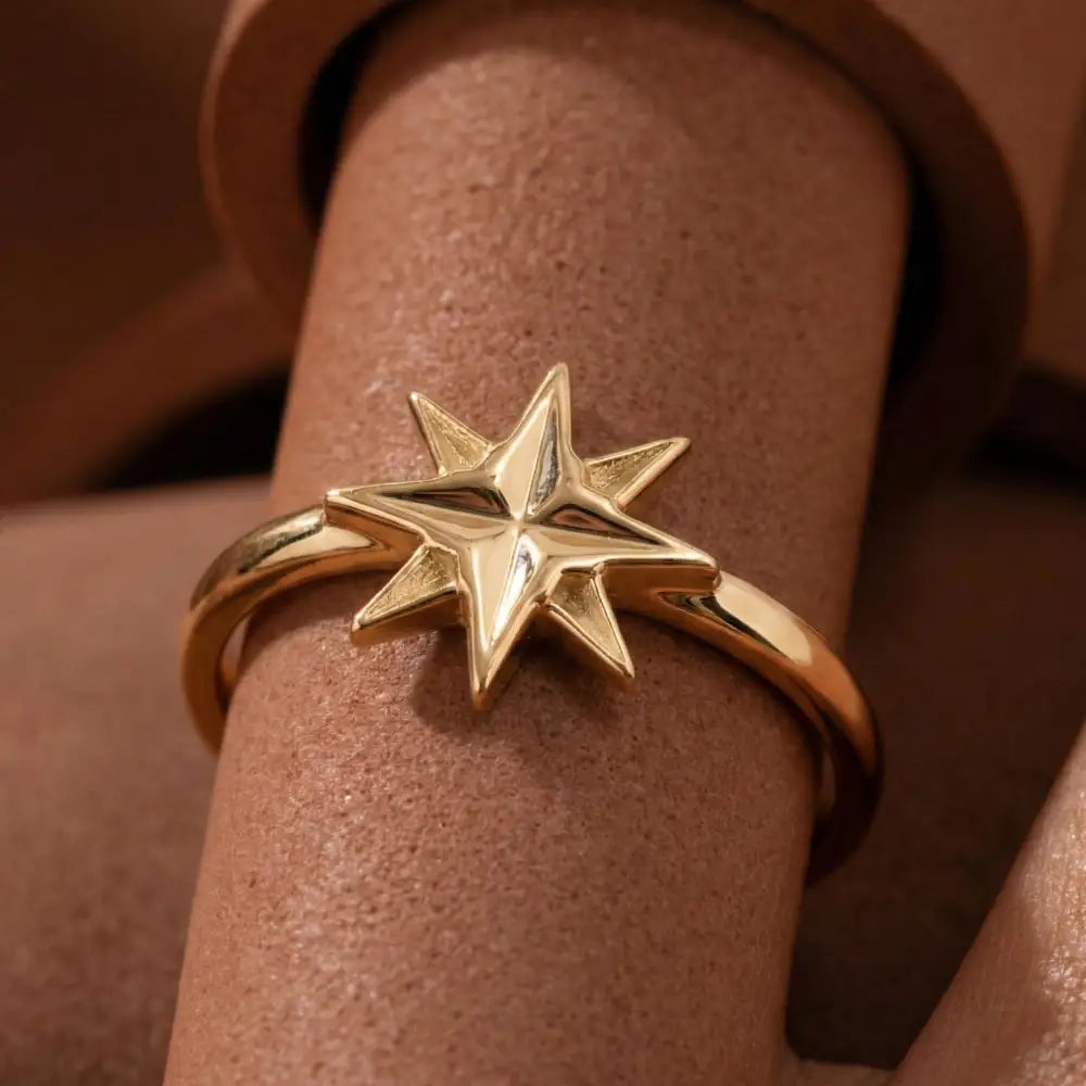 14K Handmade Gold North Star Ring Minimal Celestial Starburst Design with Polished Finish