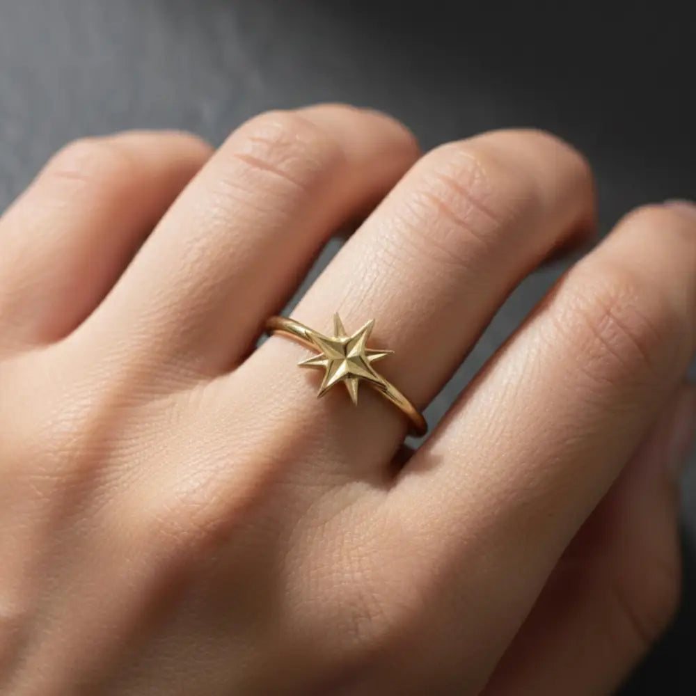 14K Handmade Gold North Star Ring Minimal Celestial Starburst Design with Polished Finish