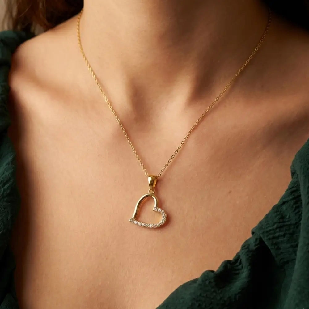 14K Handmade Gold Open Heart Necklace With Cz Stones Minimal Elegant Love Pendant - Jewelry