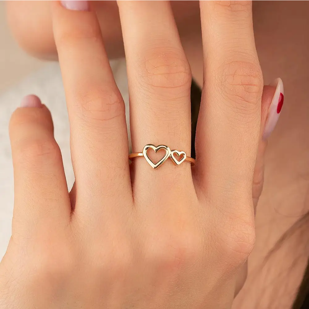 14K Handmade Gold Ring with Double Heart Design Elegant Love Symbol for Her