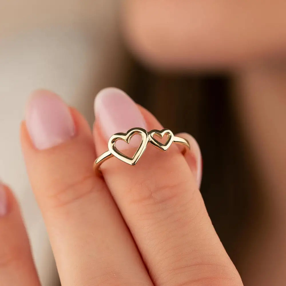 14K Handmade Gold Ring with Double Heart Design Elegant Love Symbol for Her