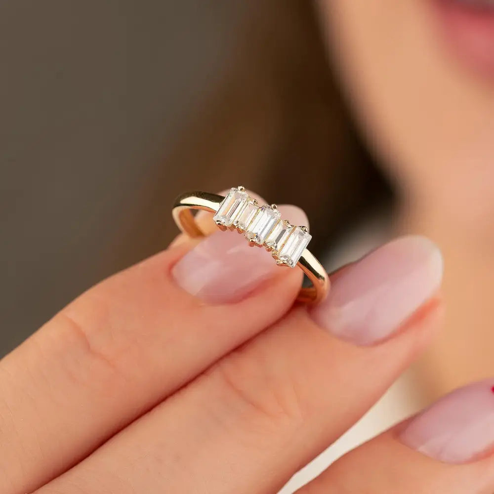 14K Handmade Gold Ring with Five Baguette Diamonds Elegant Sparkling Jewelry