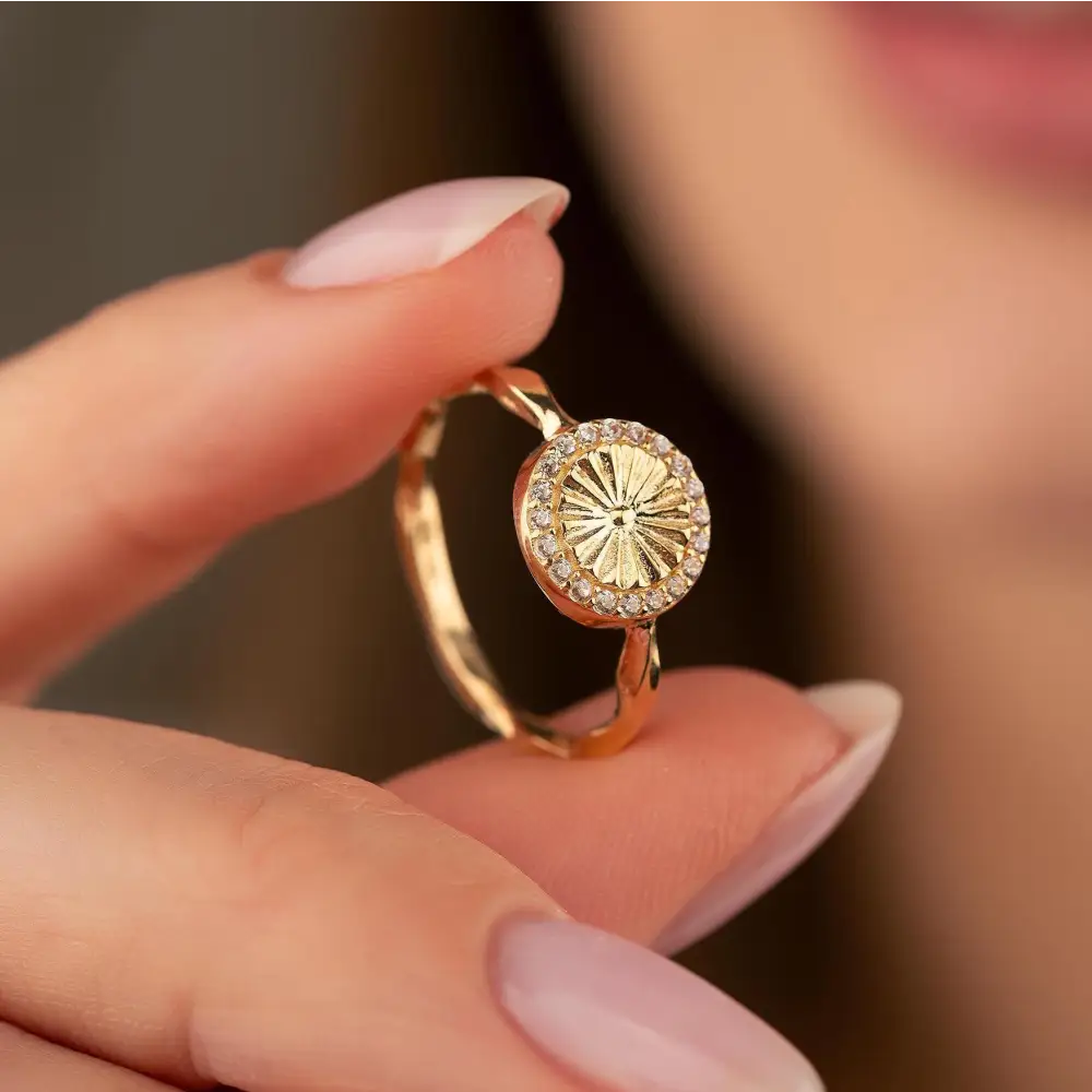 14K Handmade Gold Ring with Radiant Center & Diamond Halo Elegant Sparkling Jewelry