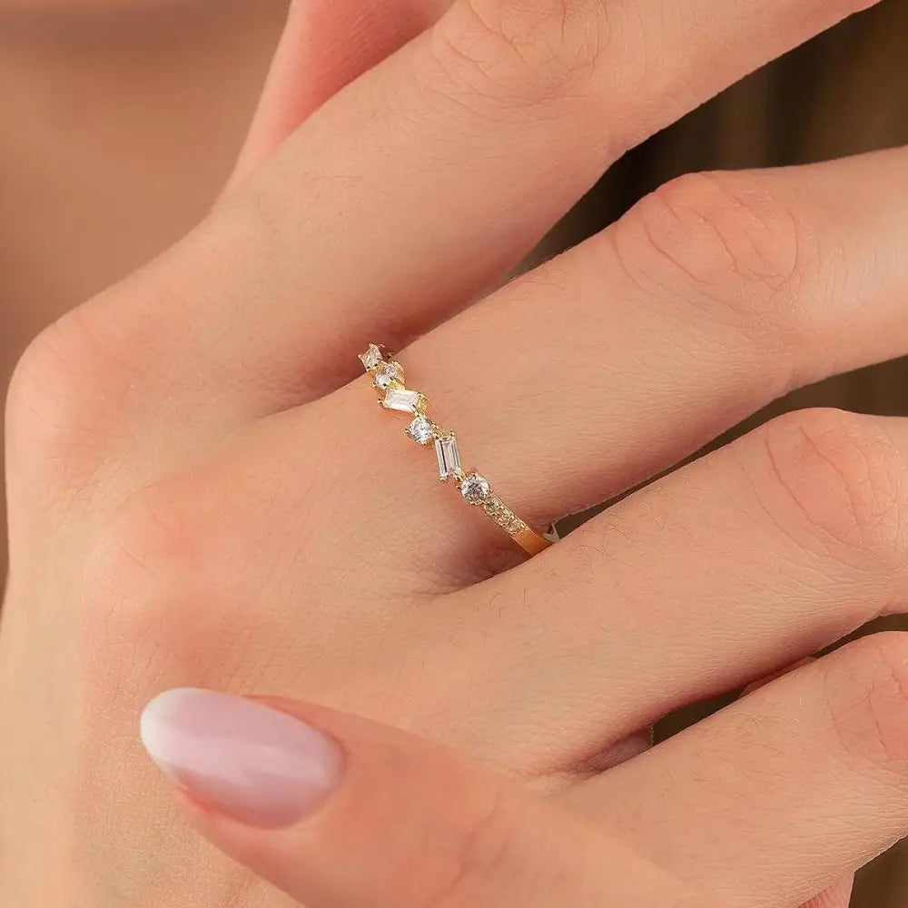 14K Handmade Gold Ring with Round and Baguette Diamonds Elegant Diamond Band for Women