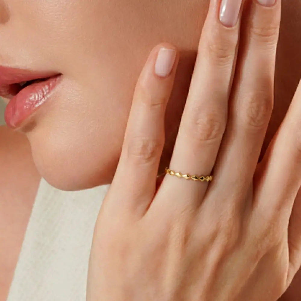 14K Handmade Gold Textured Band Ring Minimal Geometric Block Design with Modern Sculpted Finish