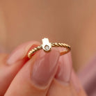 14K Handmade Gold Twisted Rope Ring with Hamsa and Diamond Protection Jewelry for Women
