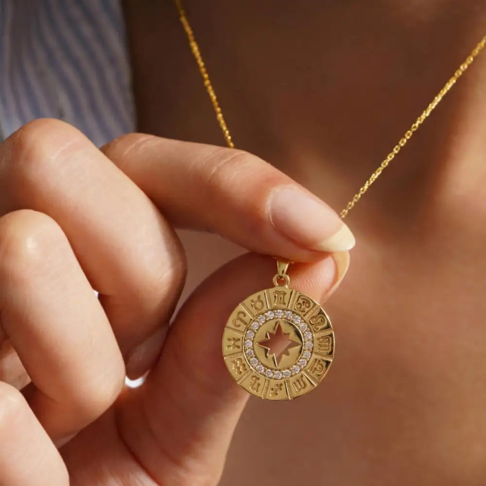 14K Handmade Gold Zodiac Necklace With Cz Stones Horoscope Medallion Pendant - Jewelry