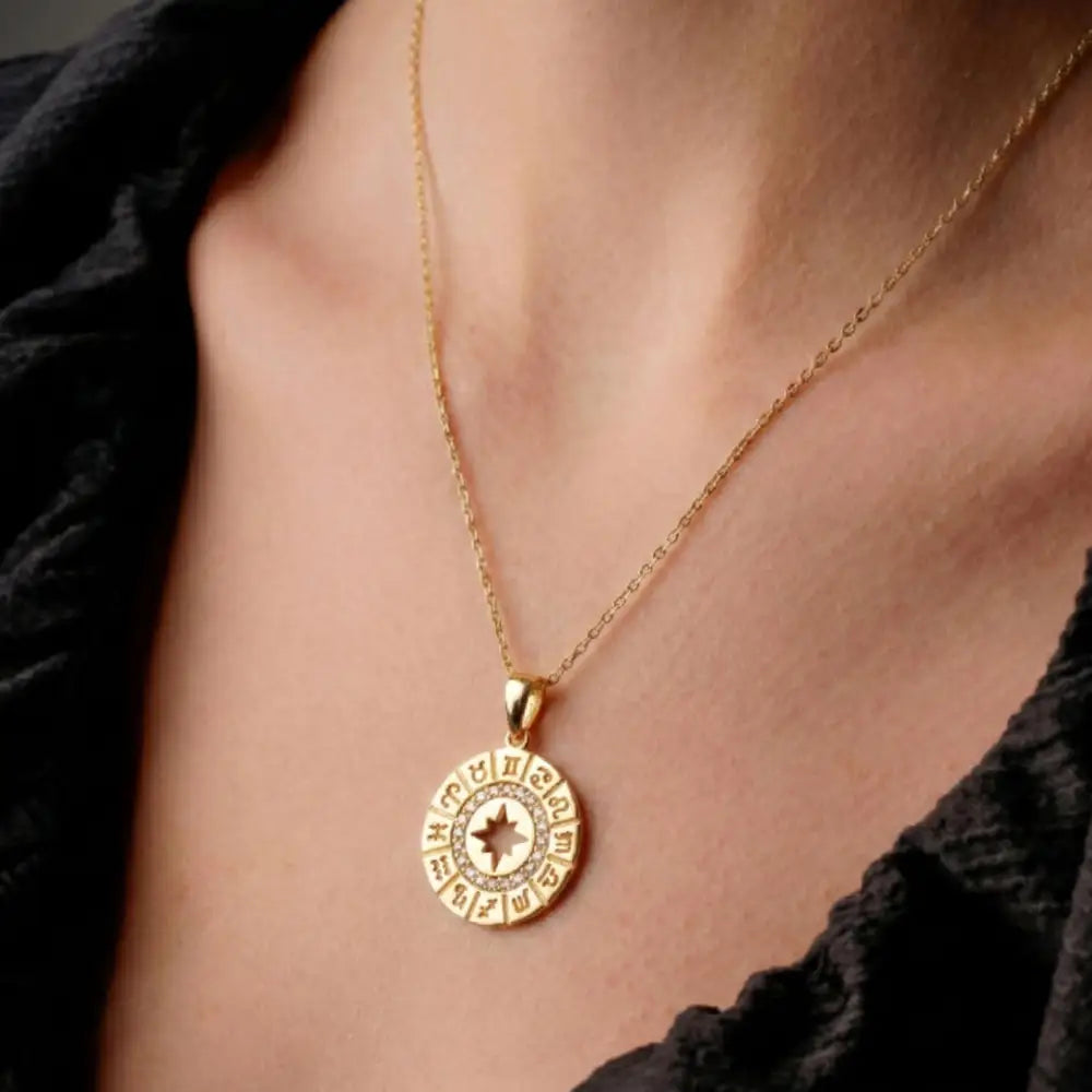 14K Handmade Gold Zodiac Necklace With Cz Stones Horoscope Medallion Pendant - Jewelry