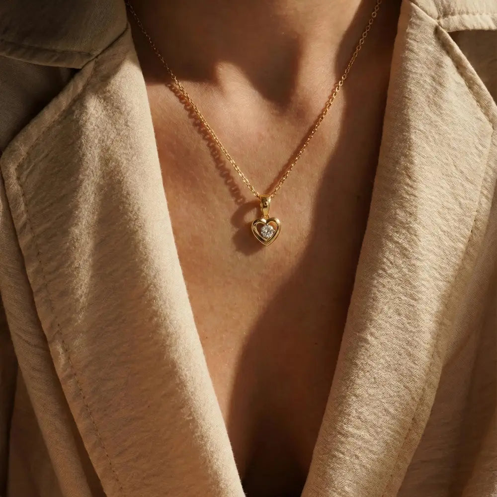 14K Handmade Solid Gold Heart Necklace With Center Cz Stone Elegant Love Pendant - Jewelry