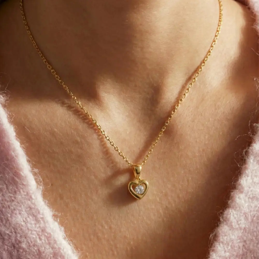 14K Handmade Solid Gold Heart Necklace With Center Cz Stone Elegant Love Pendant - Jewelry