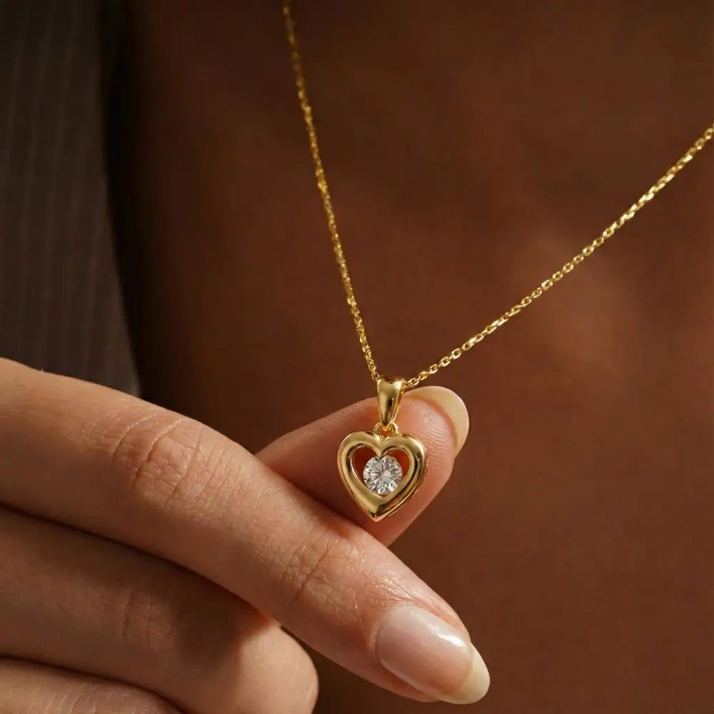 14K Handmade Solid Gold Heart Necklace With Center Cz Stone Elegant Love Pendant - Jewelry