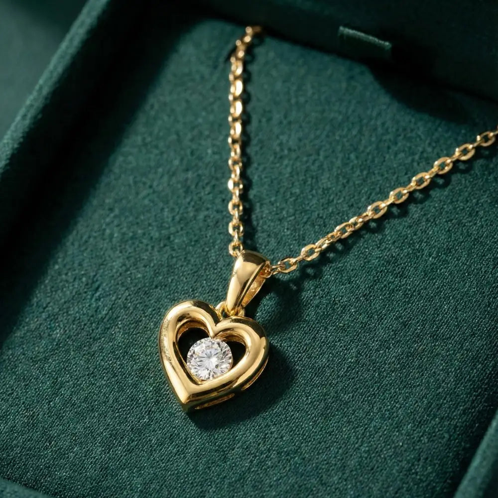 14K Handmade Solid Gold Heart Necklace With Center Cz Stone Elegant Love Pendant - Jewelry