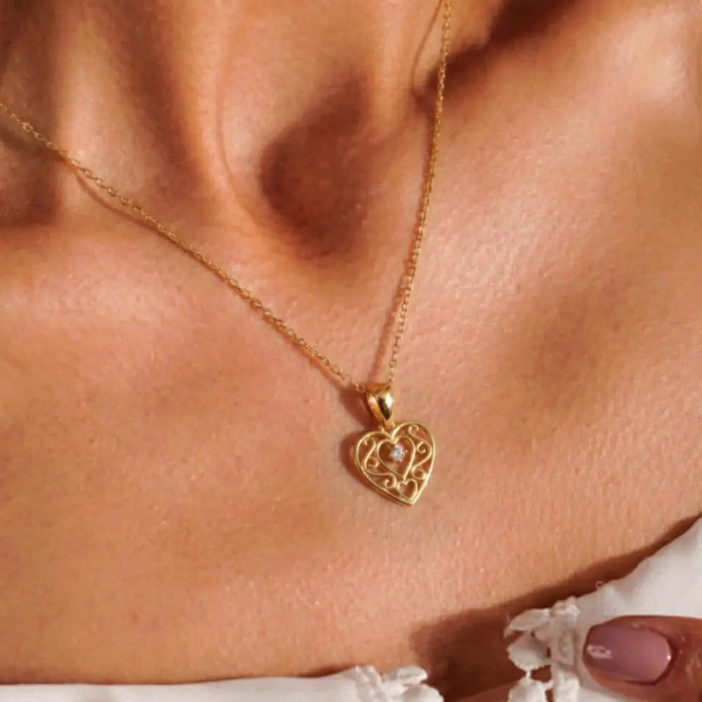 14K Handmade Solid Gold Heart Necklace With Cz Stone Minimal Romantic Pendant - Jewelry