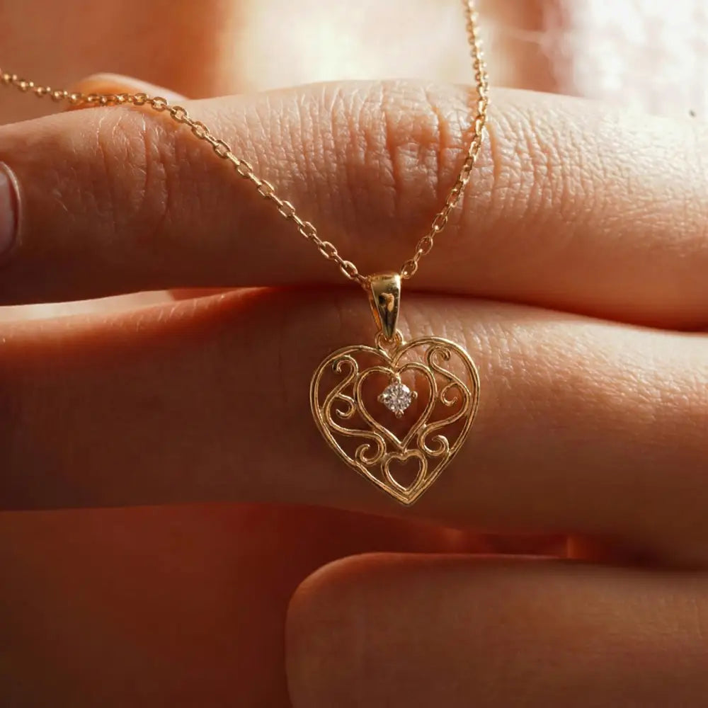 14K Handmade Solid Gold Heart Necklace With Cz Stone Minimal Romantic Pendant - Jewelry