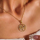 14K Handmade Solid Gold Tree Of Life Necklace With Multicolor Gemstones Meaningful Pendant - Jewelry