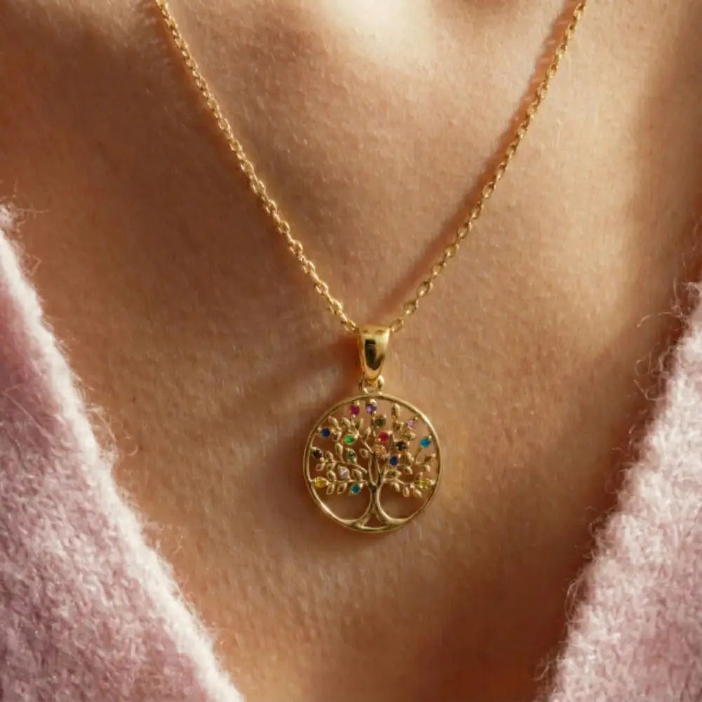 14K Handmade Solid Gold Tree Of Life Necklace With Multicolor Gemstones Meaningful Pendant - Jewelry