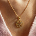 14K Handmade Solid Gold Tree Of Life Necklace With Multicolor Gemstones Meaningful Pendant - Jewelry