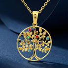 14K Handmade Solid Gold Tree Of Life Necklace With Multicolor Gemstones Meaningful Pendant - Jewelry