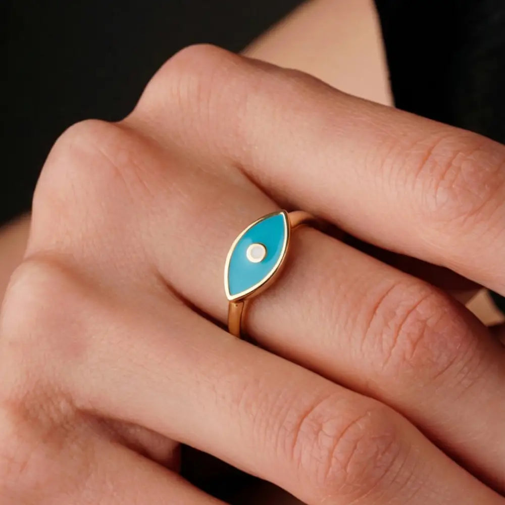 14K Handmade Turquoise Evil Eye Ring Modern Marquise Protection Band with Enamel Detail