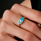 14K Handmade Turquoise Evil Eye Ring Modern Marquise Protection Band with Enamel Detail