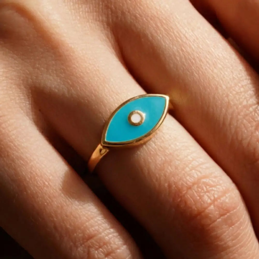 14K Handmade Turquoise Evil Eye Ring Modern Marquise Protection Band with Enamel Detail