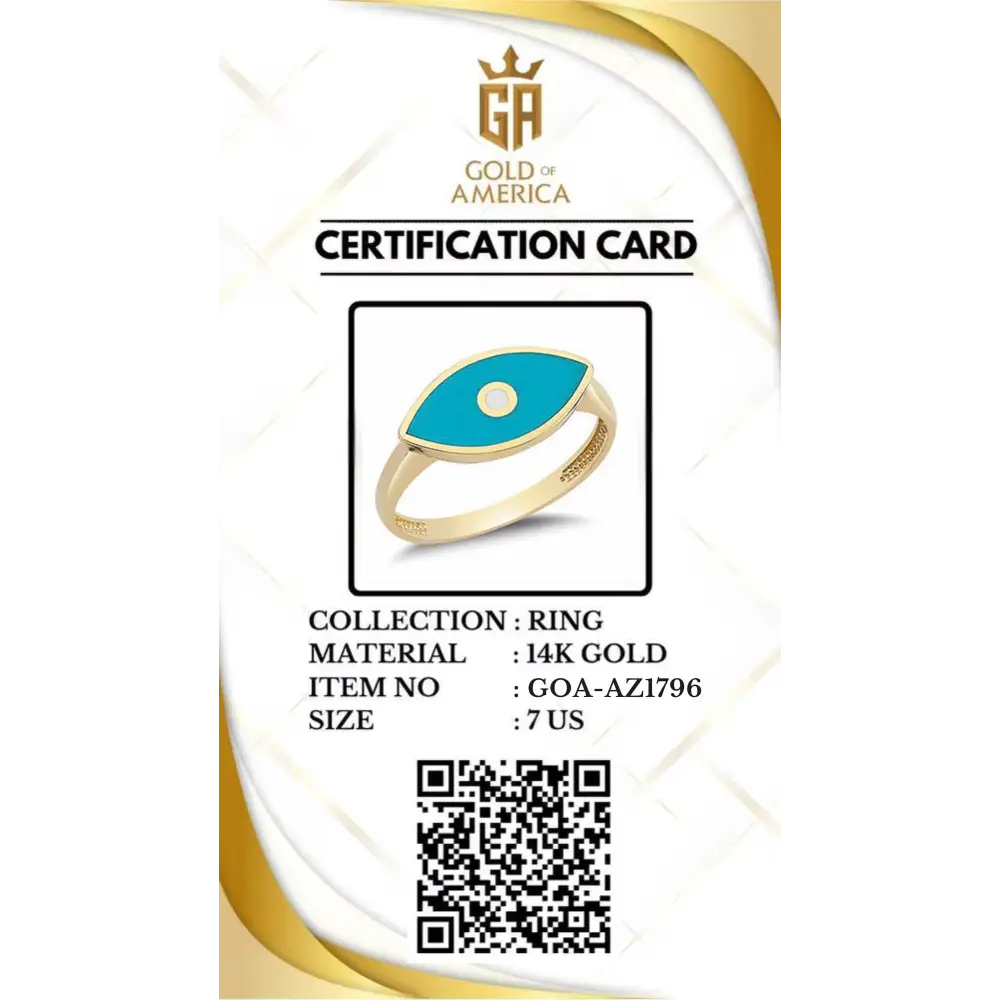 14K Handmade Turquoise Evil Eye Ring Modern Marquise Protection Band with Enamel Detail
