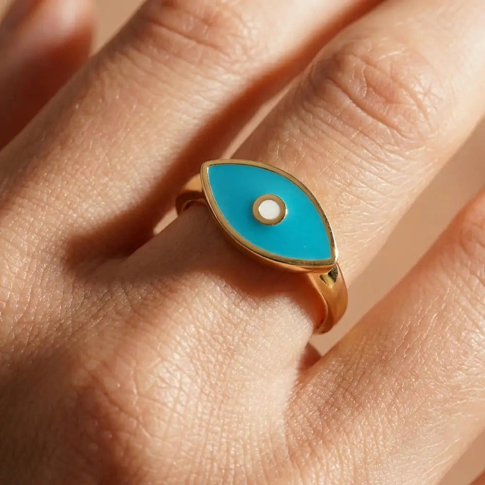 14K Handmade Turquoise Evil Eye Ring Modern Marquise Protection Band with Enamel Detail