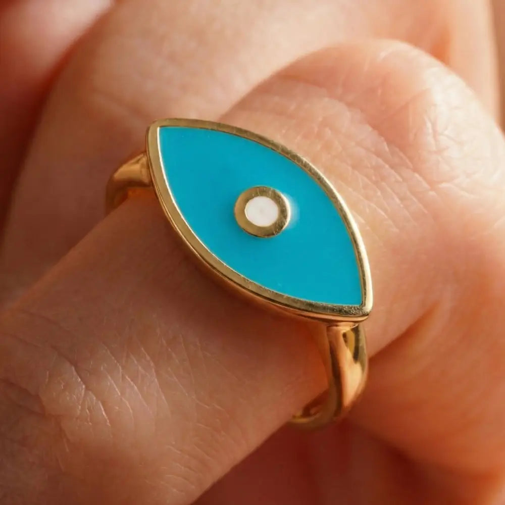 14K Handmade Turquoise Evil Eye Ring Modern Marquise Protection Band with Enamel Detail