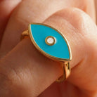 14K Handmade Turquoise Evil Eye Ring Modern Marquise Protection Band with Enamel Detail
