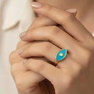 14K Handmade Turquoise Evil Eye Ring Modern Marquise Protection Band with Enamel Detail