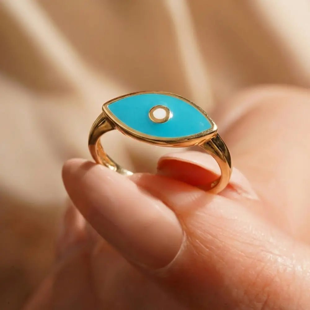 14K Handmade Turquoise Evil Eye Ring Modern Marquise Protection Band with Enamel Detail