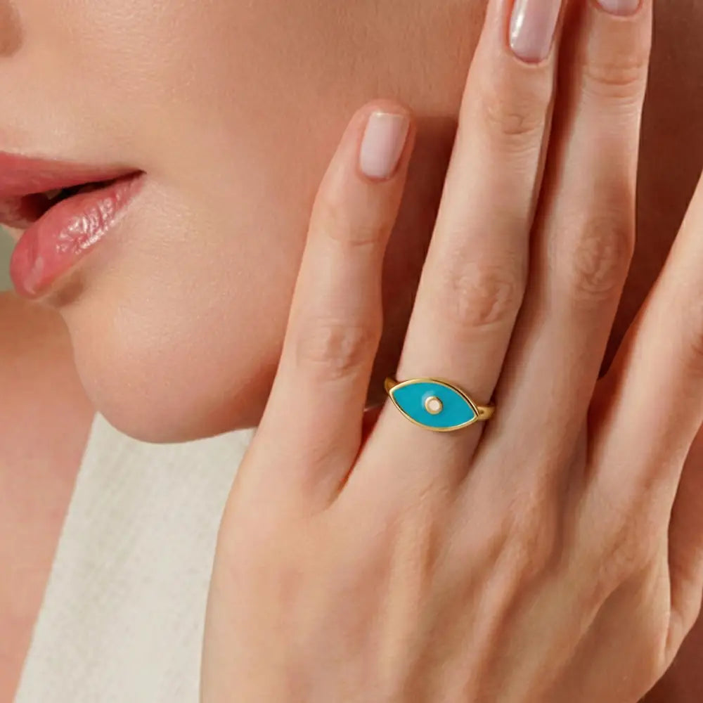 14K Handmade Turquoise Evil Eye Ring Modern Marquise Protection Band with Enamel Detail