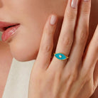 14K Handmade Turquoise Evil Eye Ring Modern Marquise Protection Band with Enamel Detail