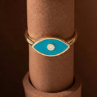 14K Handmade Turquoise Evil Eye Ring Modern Marquise Protection Band with Enamel Detail