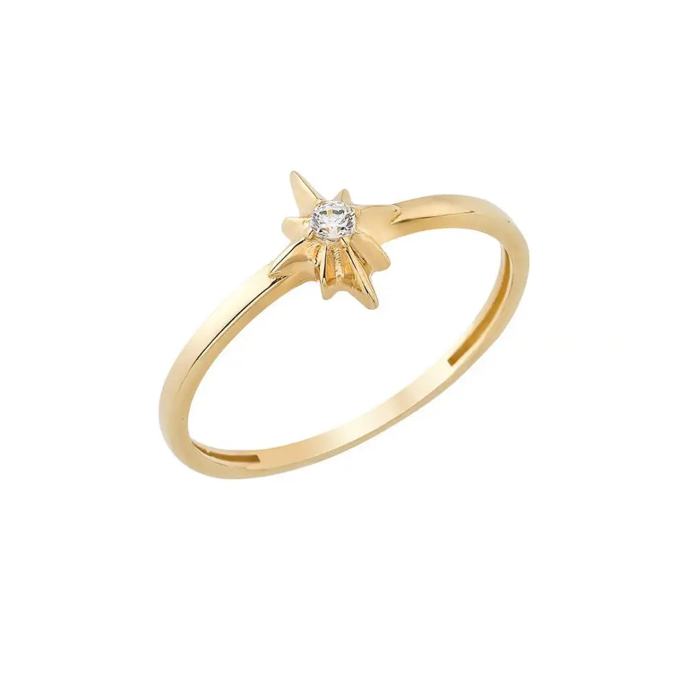 14K North Star Gold Ring Dainty Eight-Point Starburst Design with Sparkling Center Stone