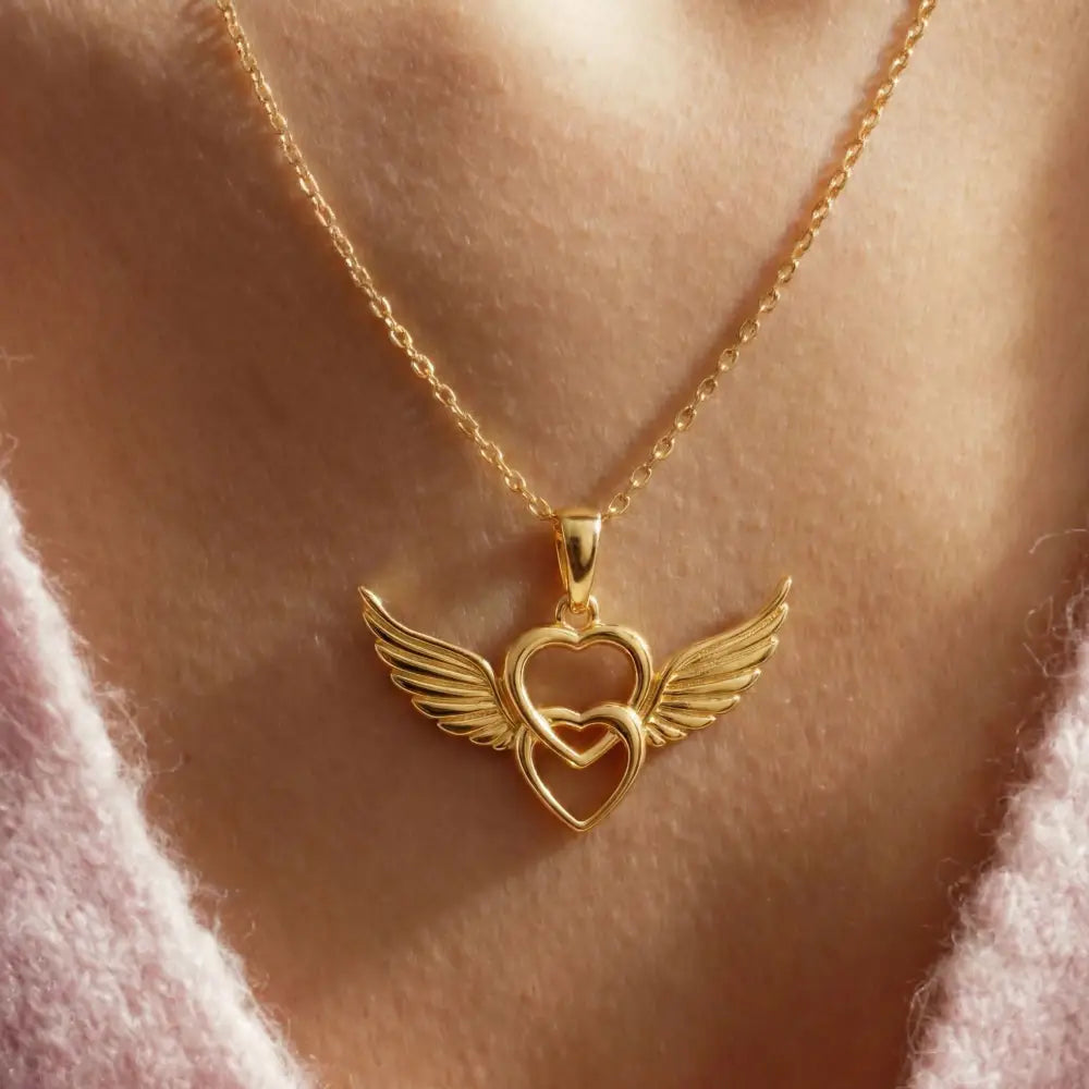 14K Solid Gold Angel Wing Heart Necklace Interlocking Love Pendant Guardian Angel Jewelry Memorial Gift Romantic