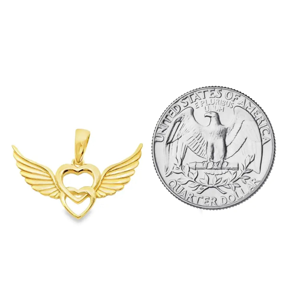 14K Solid Gold Angel Wing Heart Necklace Interlocking Love Pendant Guardian Angel Jewelry Memorial Gift Romantic
