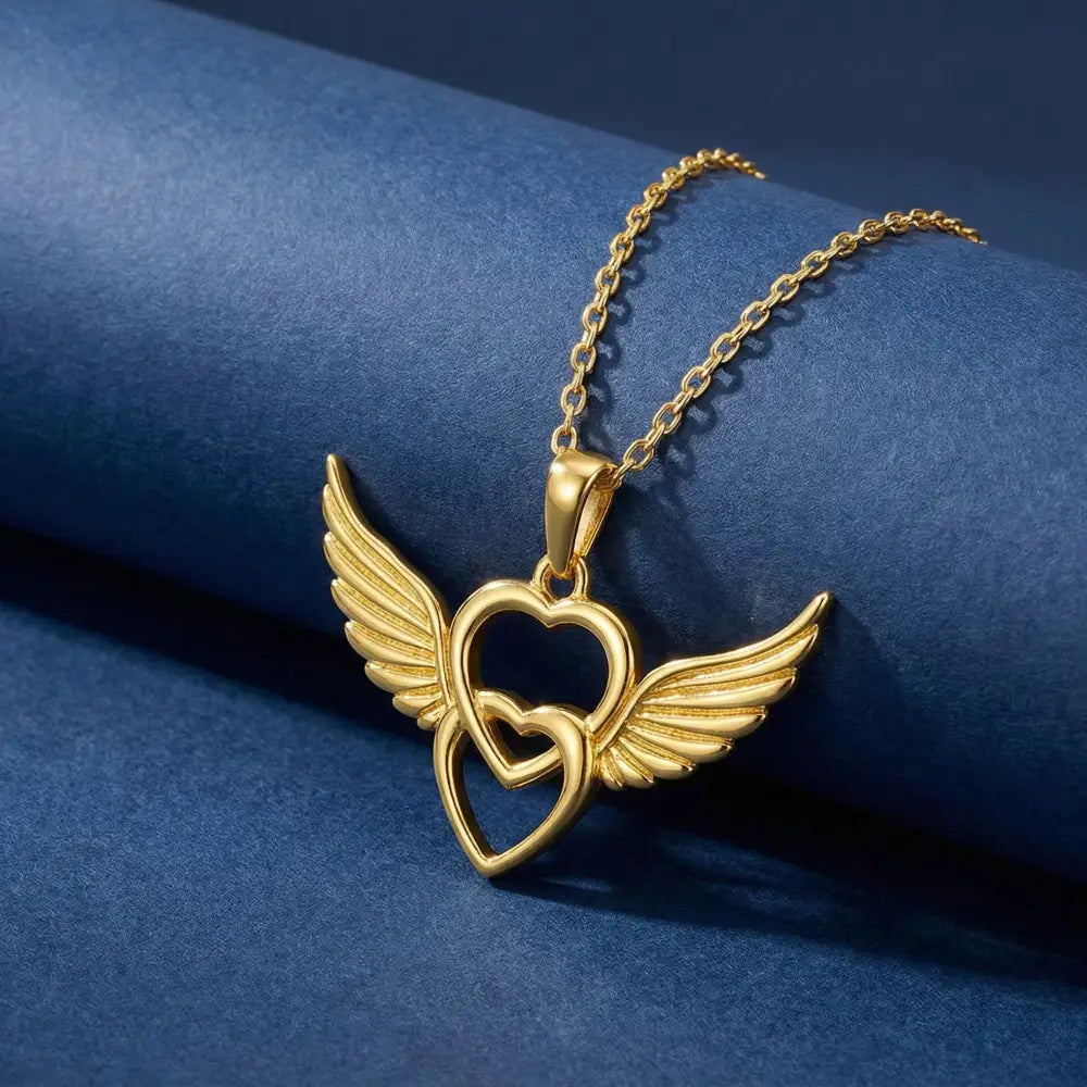 14K Solid Gold Angel Wing Heart Necklace Interlocking Love Pendant Guardian Angel Jewelry Memorial Gift Romantic