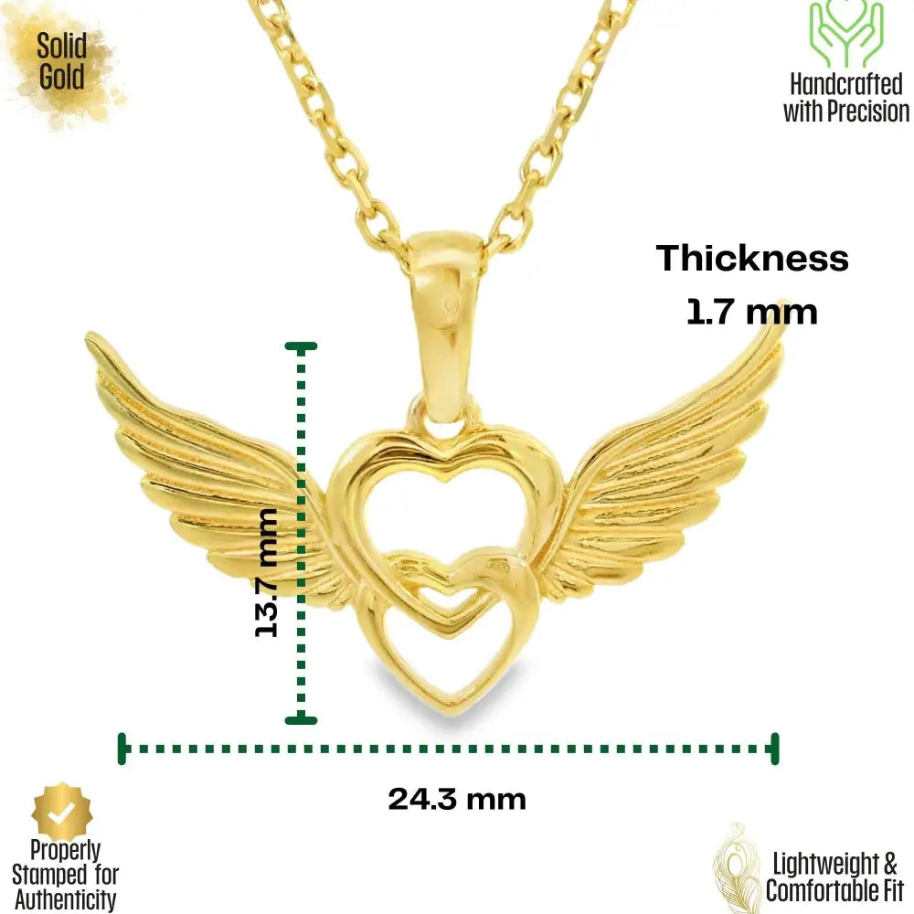 14K Solid Gold Angel Wing Heart Necklace Interlocking Love Pendant Guardian Angel Jewelry Memorial Gift Romantic
