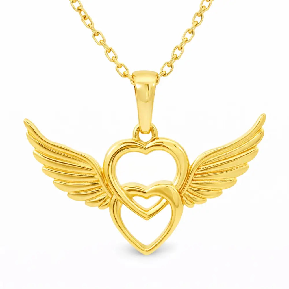 14K Solid Gold Angel Wing Heart Necklace Interlocking Love Pendant Guardian Angel Jewelry Memorial Gift Romantic