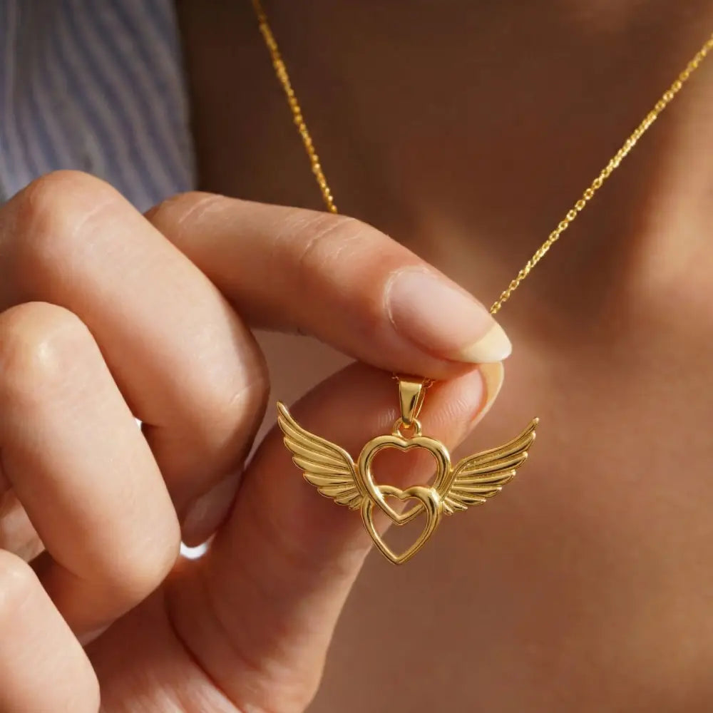 14K Solid Gold Angel Wing Heart Necklace Interlocking Love Pendant Guardian Angel Jewelry Memorial Gift Romantic