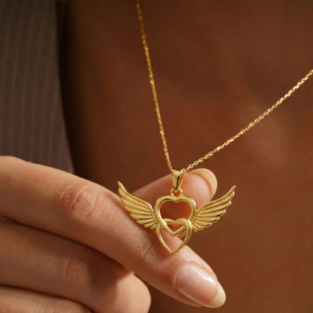 14K Solid Gold Angel Wing Heart Necklace Interlocking Love Pendant Guardian Angel Jewelry Memorial Gift Romantic